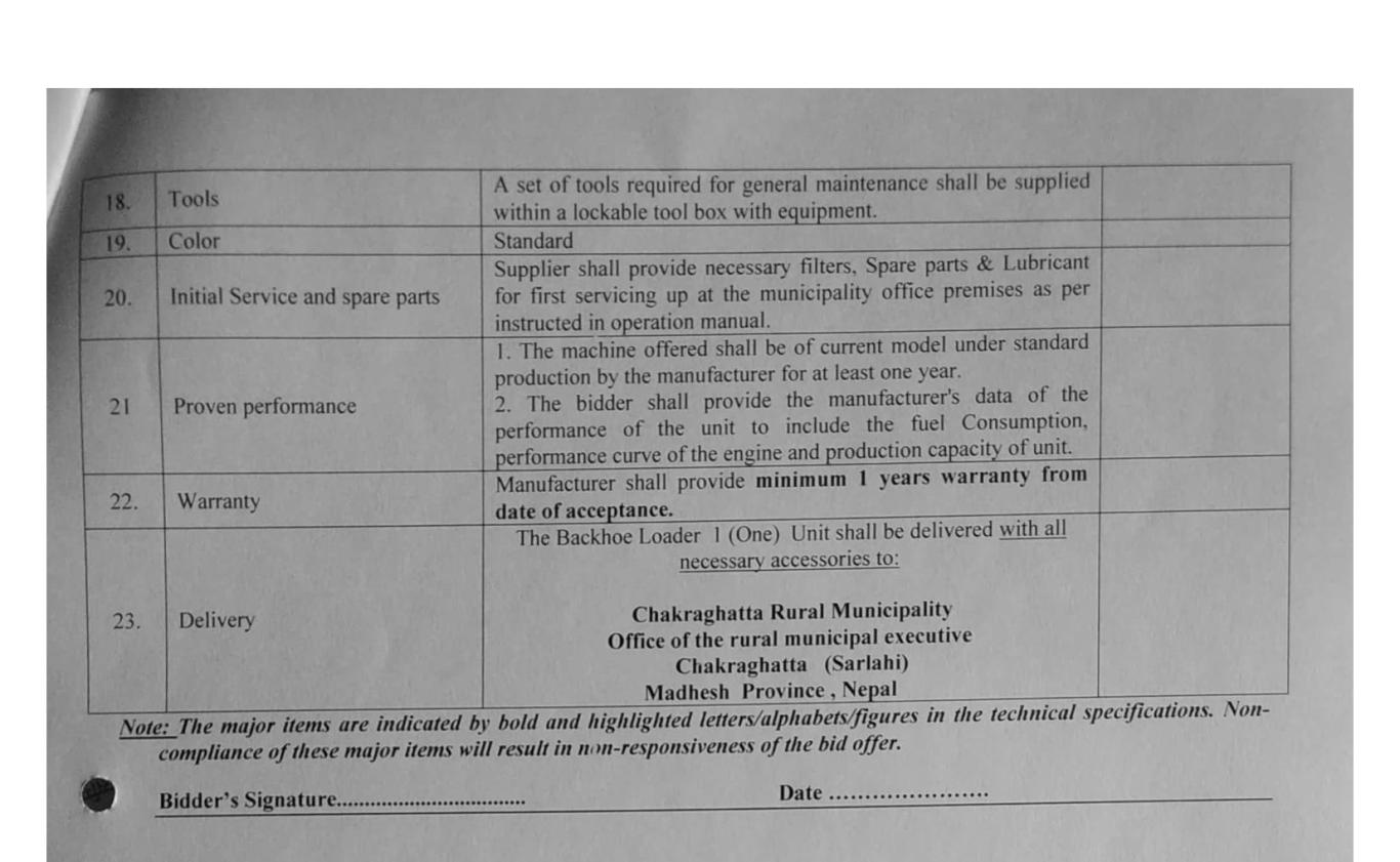 Backhoe Loader को Technical Specification चक्रघट्टा गाउँपालिका